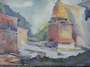 11111 006 (Sunlit Sanctity) by Prafulla Taywade, Original Watercolor Landscape Painting on Cold Pressed Paper, Small Horizontal Wall Art