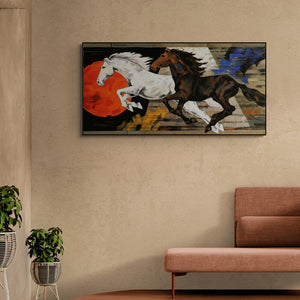 In-situ view of Devidas Dharmadhikari's 'Galloping Horses' painting in a room