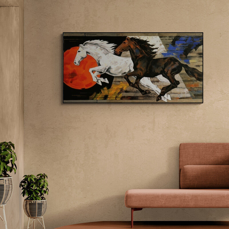 In-situ view of Devidas Dharmadhikari's 'Galloping Horses' painting in a room
