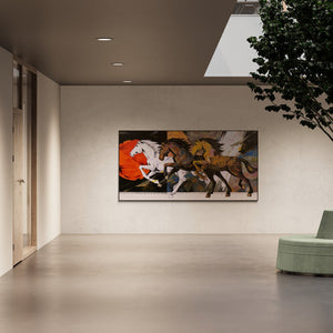 Preview of 'Horse Series 184 (Red Acrylic Painting)' Painting by Devidas Dharmadhikari shown on a wall in a furnished room.