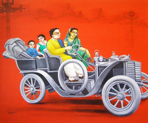 Figurative acrylic painting titled '1920 Vintage Car', 36x30 inches, by artist Gautam Mukherjee on Canvas