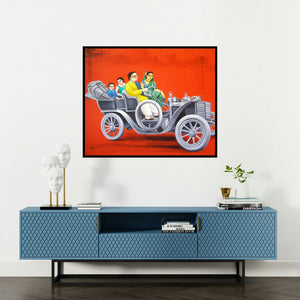 Gautam Mukherjee's '1920 Vintage Car' painting visualized above a sofa in a contemporary room.
