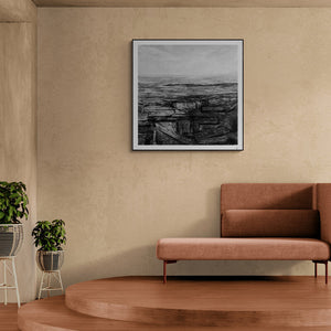 Manish Sharma's painting '2 (The Weight of Industry)' displayed in a modern living room setting