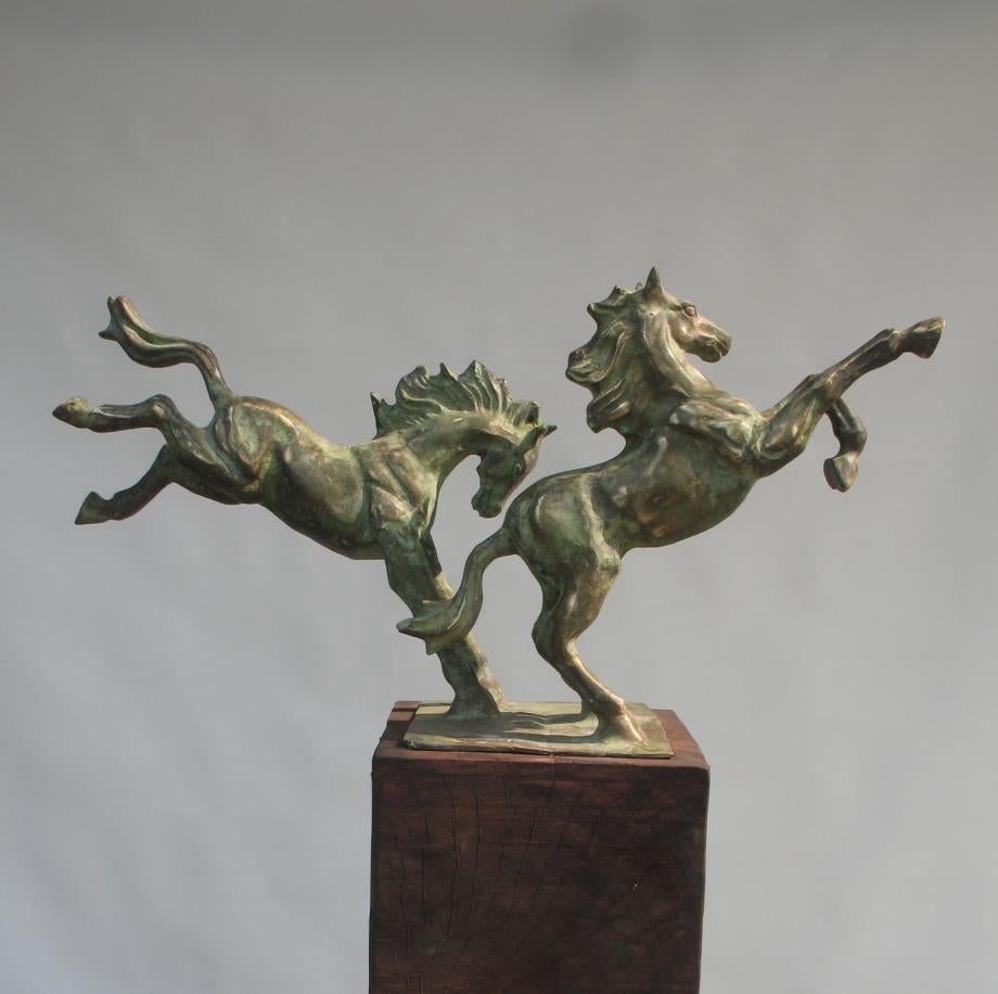 2 Horse' animals Brass, Metal sculpture by artist Rohan Sonavane, 22x23 inch, on brass, metal