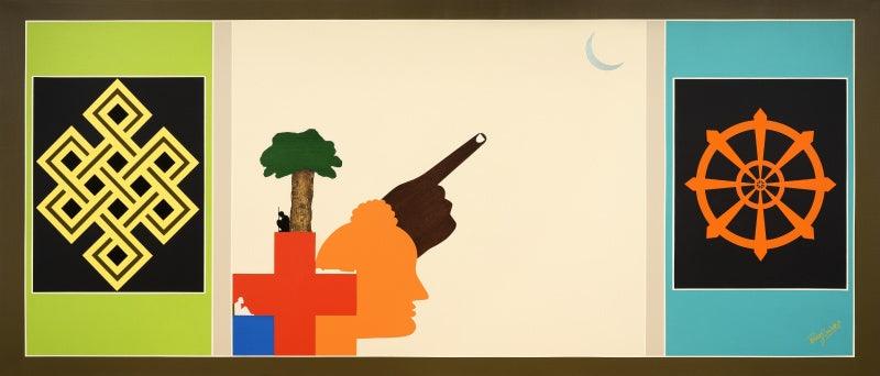 Religious mixed media titled '2 prabodhanenlightenment', 84x36 inches, by artist Pankaj Sachdeva on Canvas