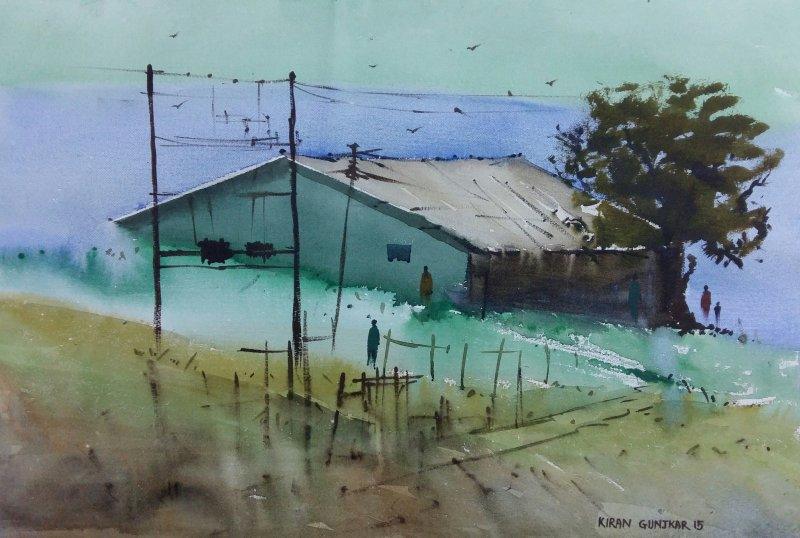 Landscape watercolor painting titled '2015 10 16 17 31 35', 15x22 inches, by artist Kiran Gunjkar on Handmade Paper