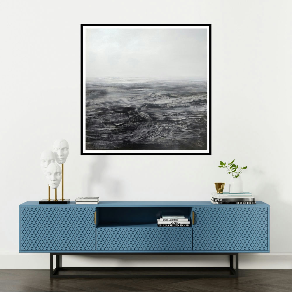 '3 (The Weight of Time)' painting by Manish Sharma shown on a wall in a furnished room.