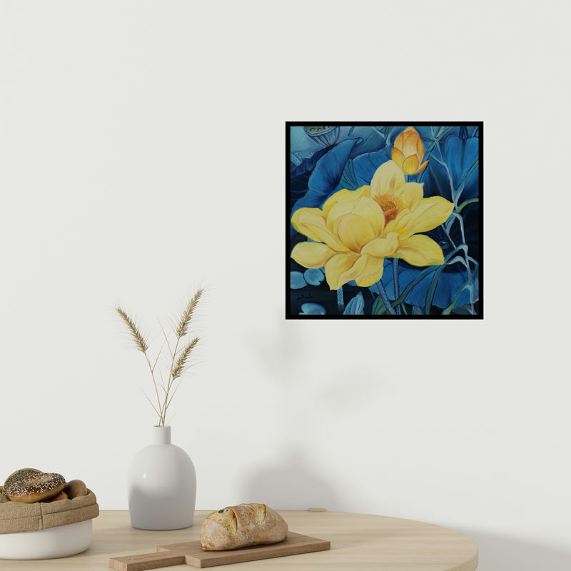 In-situ view of Sulakshana Dharmadhikari's 'Yellow Flower (Radiant Lotus)' painting in a room