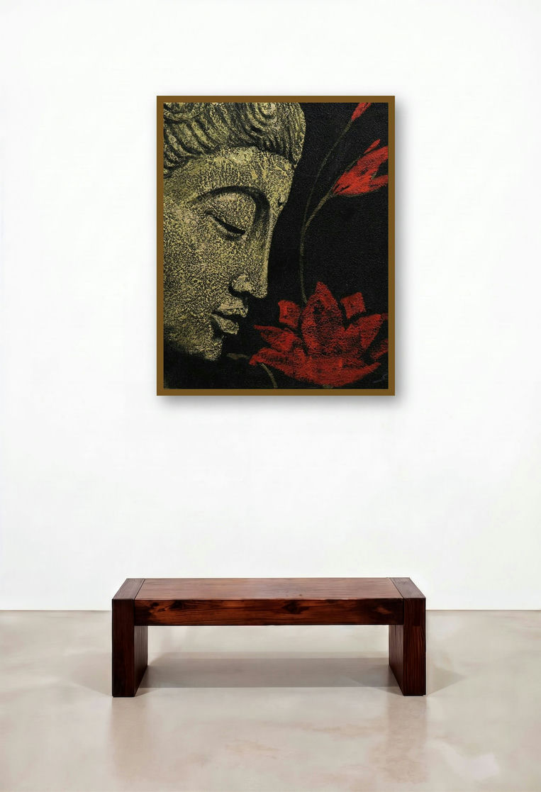 3 (Serene Buddha with Lotus) by artist Sulakshana Dharmadhikari displayed in a Coastal Living Room