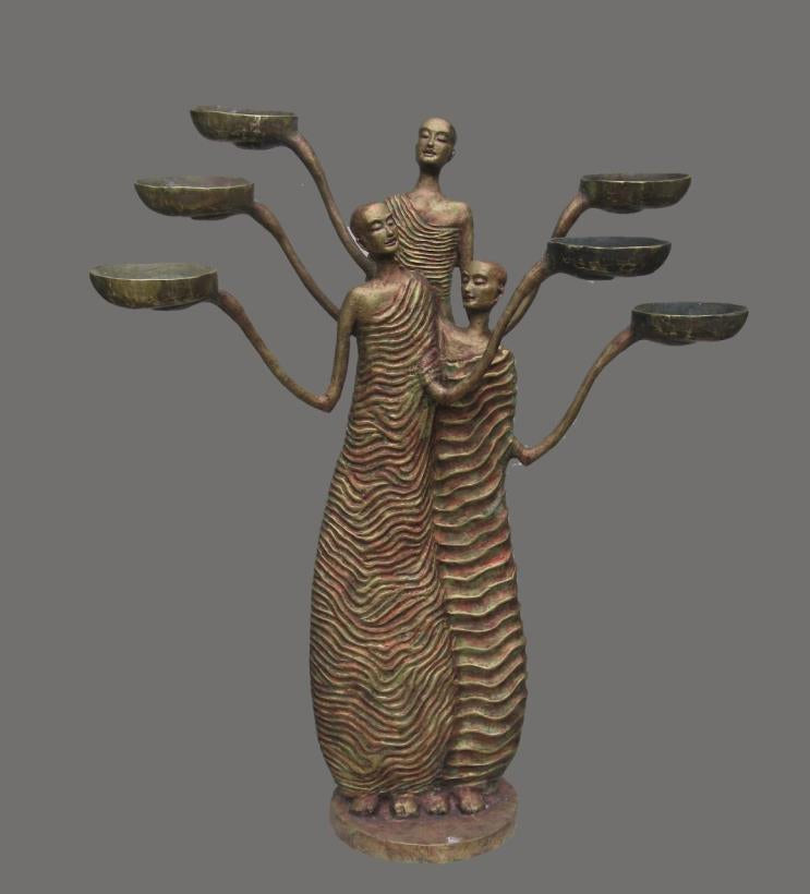 3 Monk' religious Brass, Metal sculpture by artist Rohan Sonavane, 30x25 inch, on brass, metal