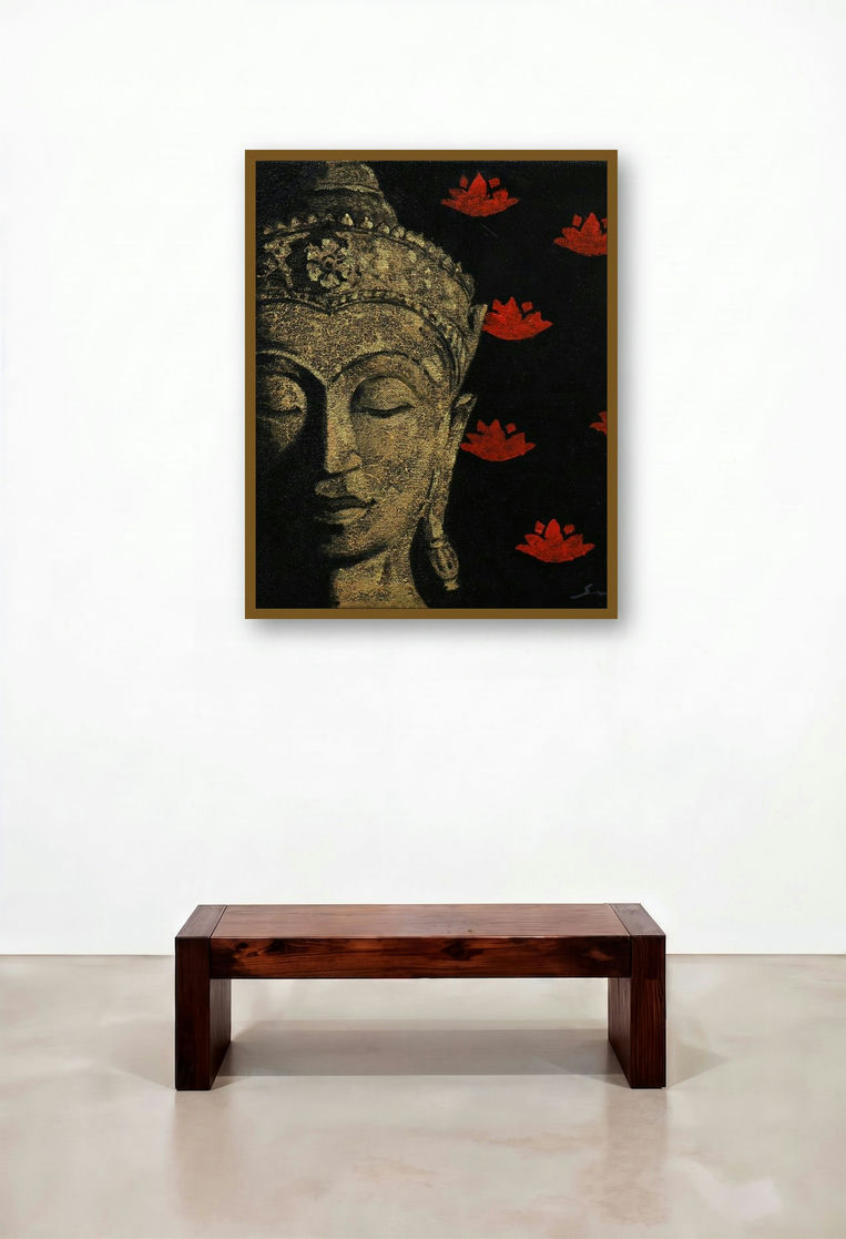 4 (Serene Buddha with Lotus Blossoms) by artist Sulakshana Dharmadhikari displayed in a Mid-Century Modern Executive Office