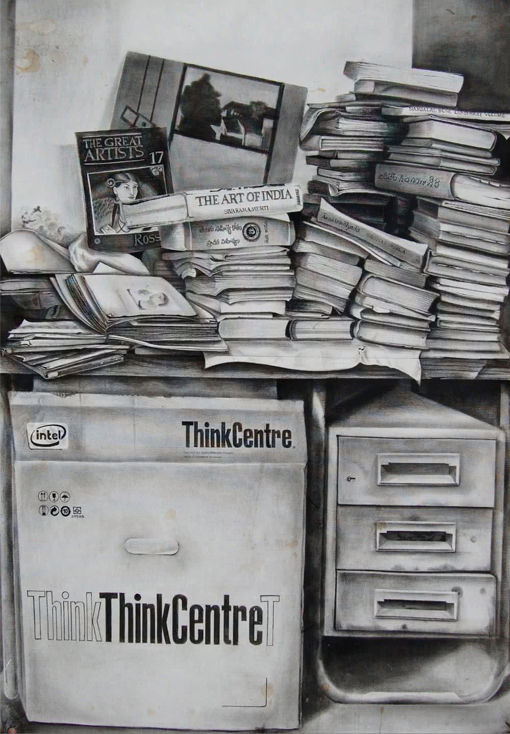 Still-life charcoal drawing titled '4 Books On Table I', 36x60 inches, by artist RAMA REDDY on Paper