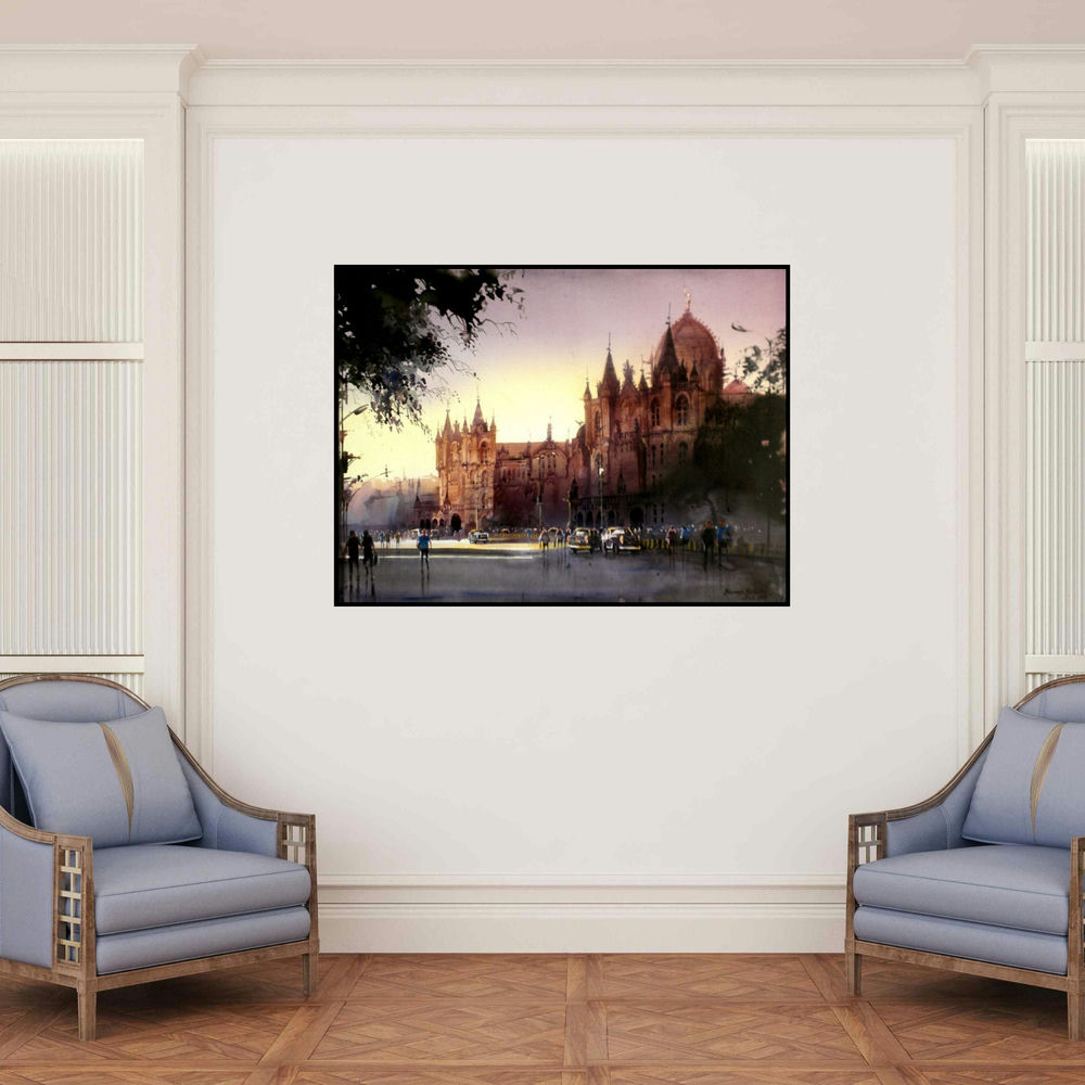 '5 Pm Shadow' painting by Bhuwan Silhare shown on a wall in a furnished room.