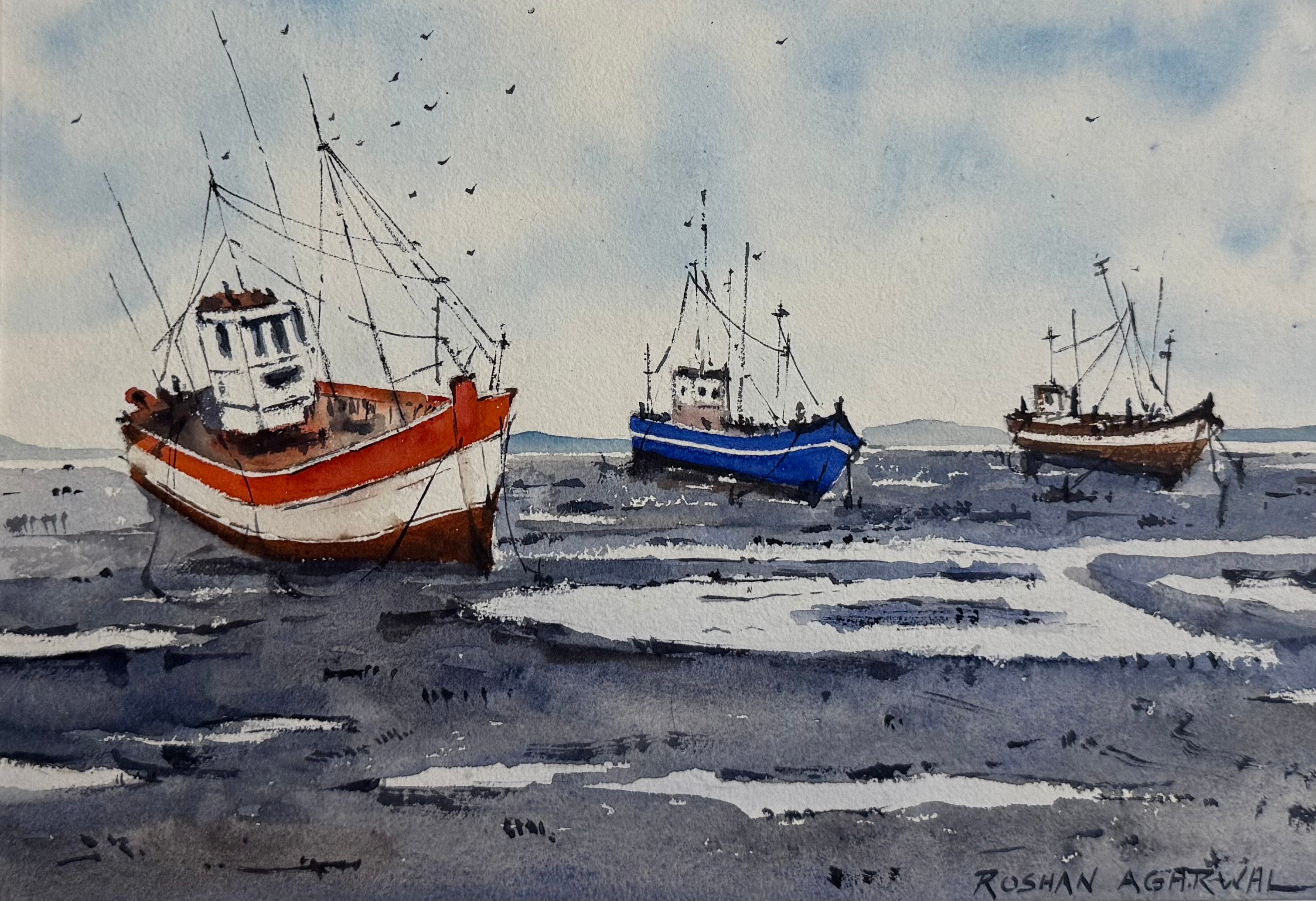 'Boats At Rest' Painting by artist Roshan Agarwal