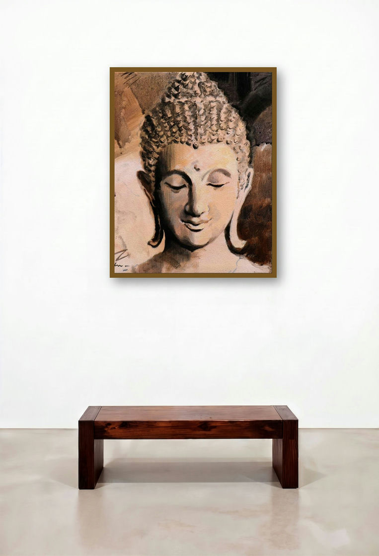 7 (Serene Buddha) by artist Sulakshana Dharmadhikari displayed in a Rustic Library