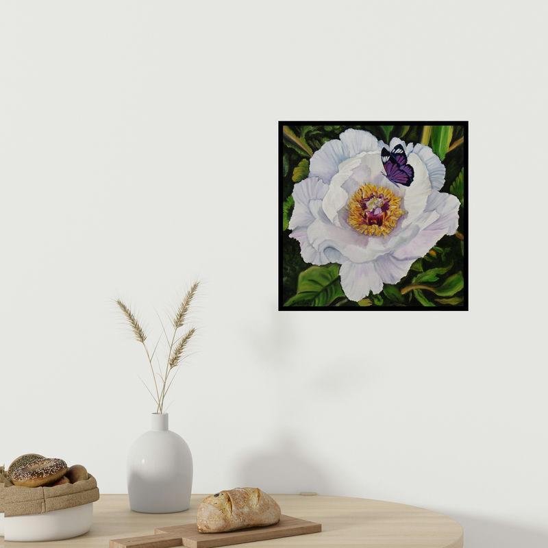 In-situ view of Sulakshana Dharmadhikari's 'White Flower With Butterfly (Golden Radiance)' painting in a room