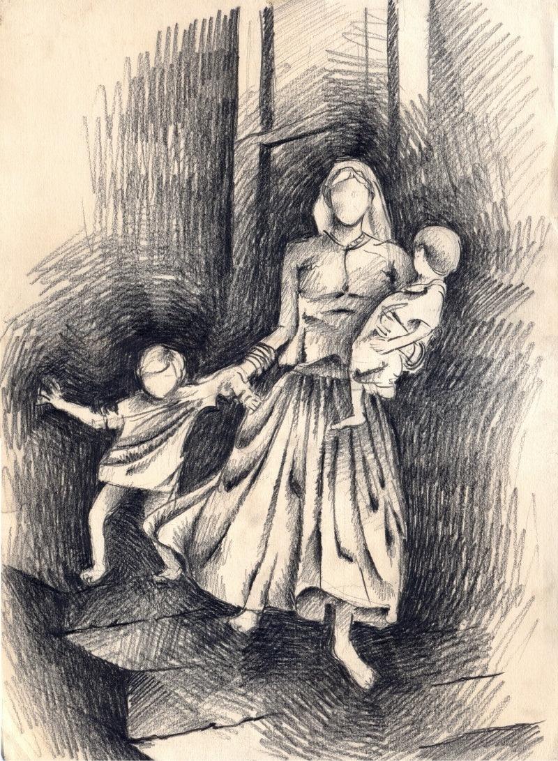 Expressionist charcoal drawing titled '8 Mother with Naughty kids', 16x11 inches, by artist Abhay Gupta on Paper