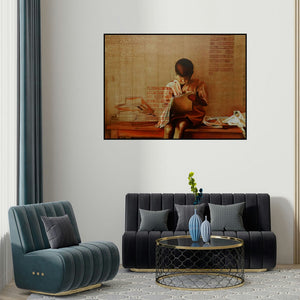 Rama Reddy's '8 Vidyardhi' painting visualized above a sofa in a contemporary room.