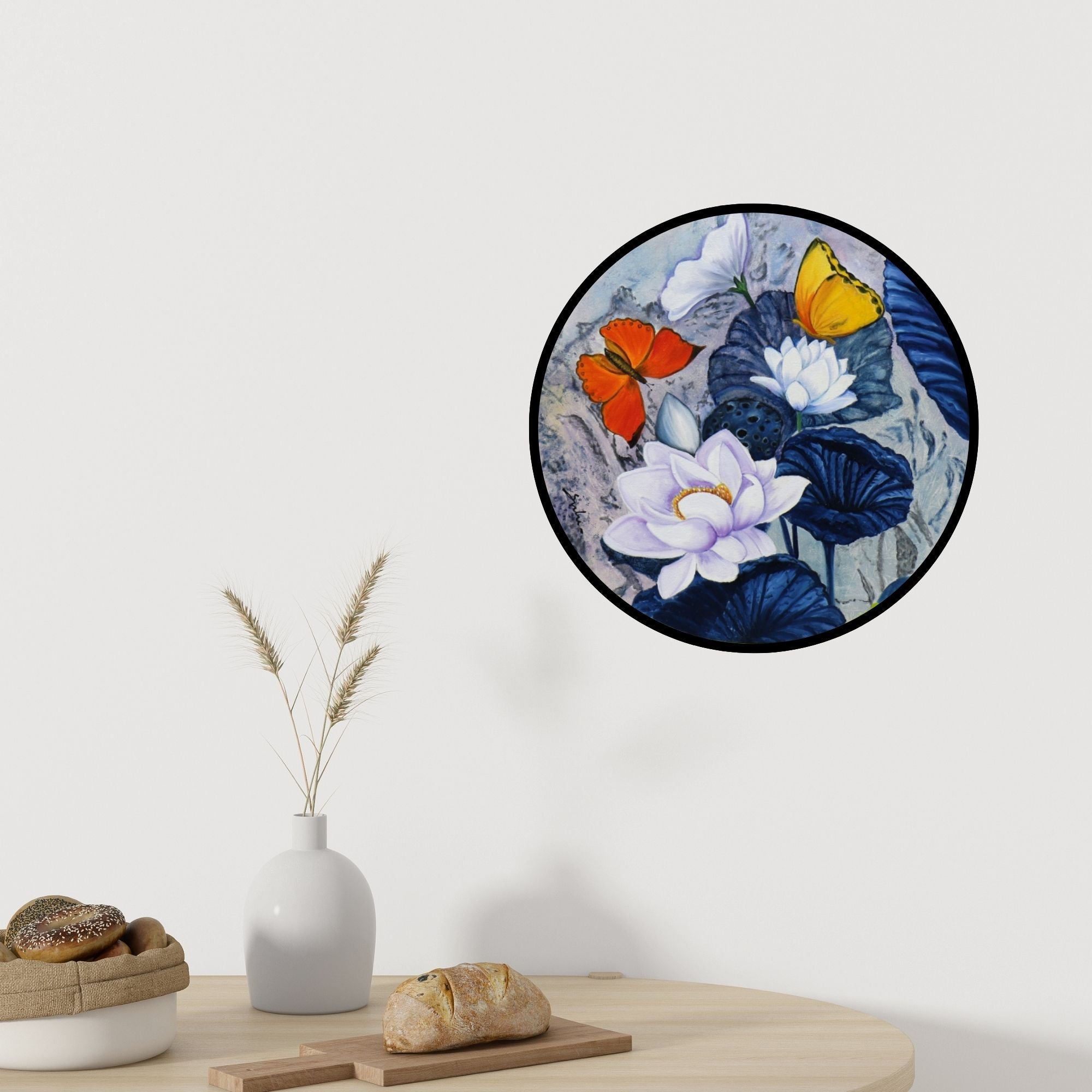 In-situ view of Sulakshana Dharmadhikari's 'Flower With Butterfly (Harmony in a Circle)' painting in a room