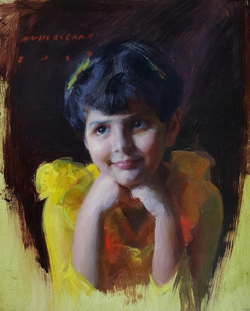 Figurative oil painting titled 'A Girl', 15x12 inches, by artist Pramod Kurlekar on Linen