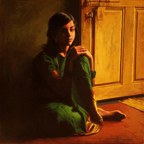 Figurative oil painting titled 'A Girl', 24x24 inches, by artist S Elayaraja on Canvas