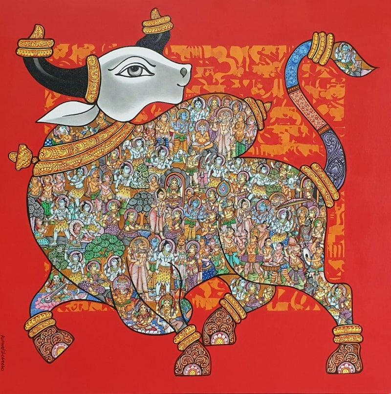 Religious acrylic painting titled 'A Spiritual Story', 36x36 inches, by artist Vivek Kumavat on Canvas