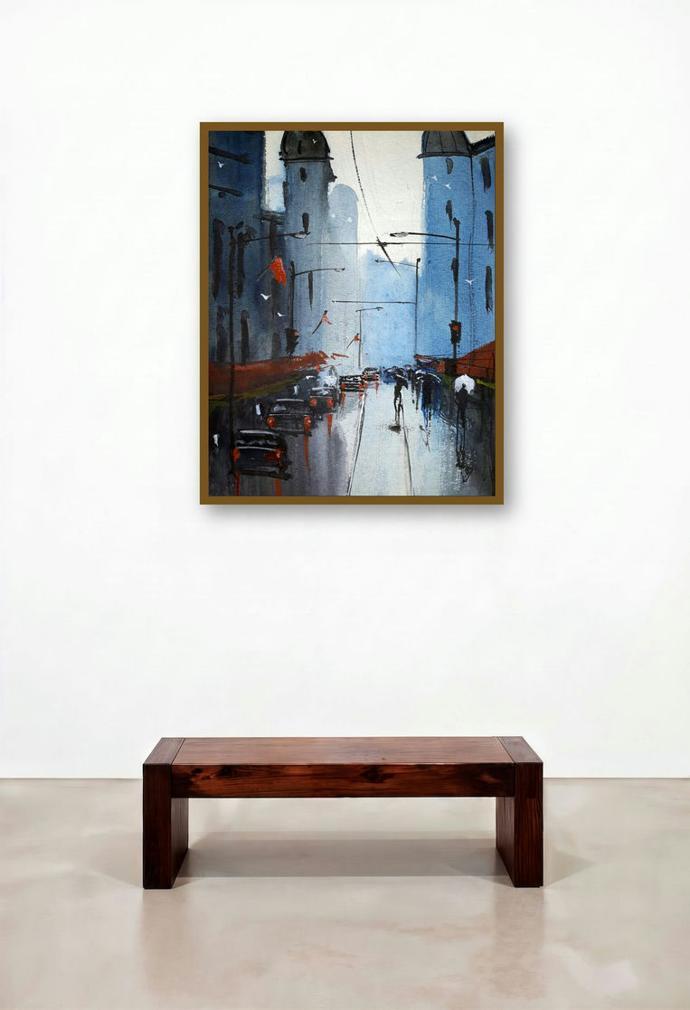 A Streetscape (Rainy Day in the City) by artist Arunava Ray displayed in a Scandinavian Home Office
