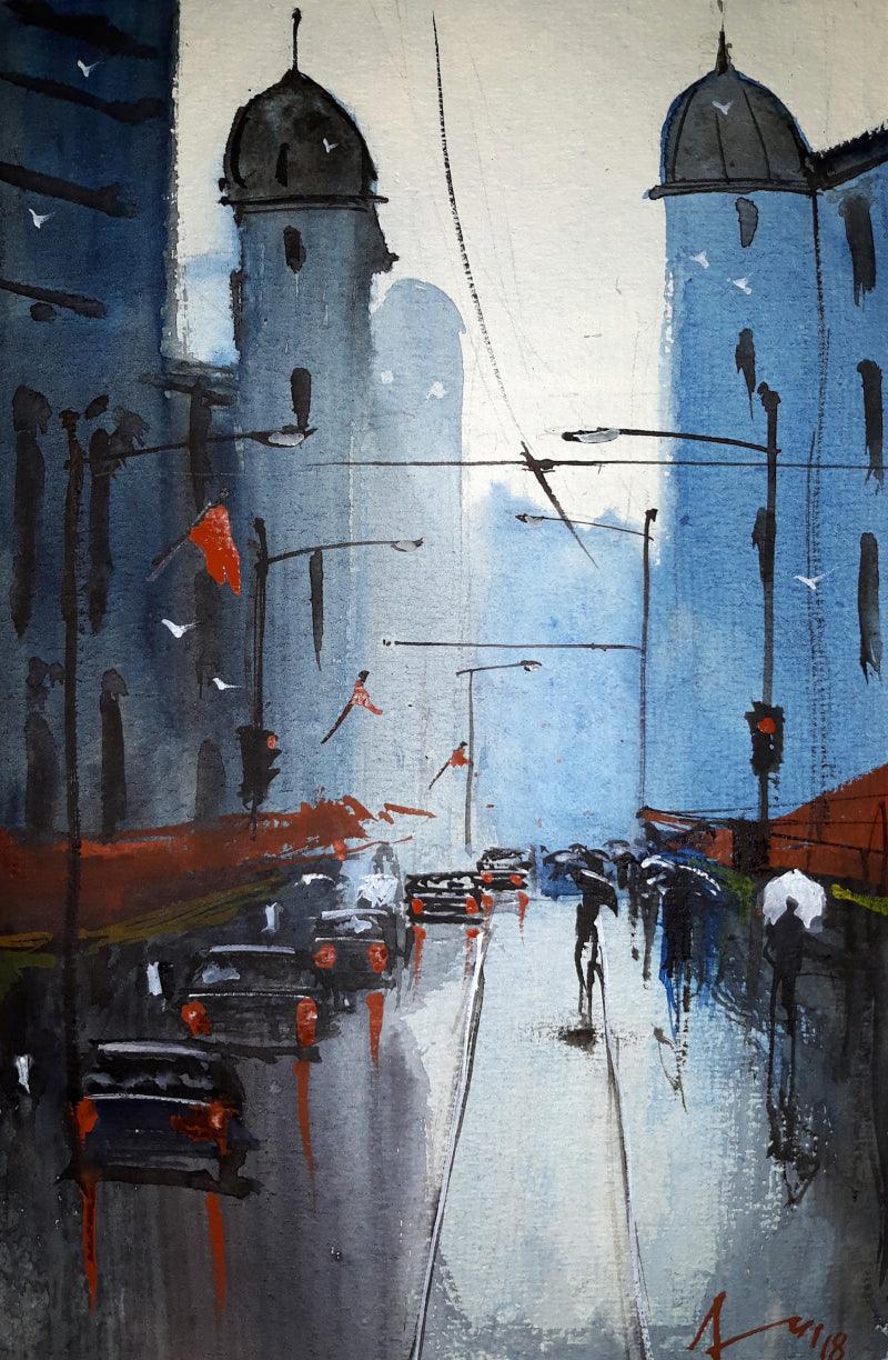 Cityscape watercolor painting titled 'A Streetscape', 11x8 inches, by artist Arunava Ray on Paper