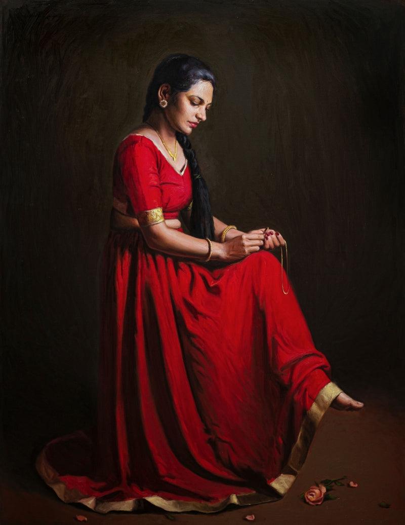 Figurative oil painting titled 'A Waiting', 42x32 inches, by artist Mahesh Soundatte on linen