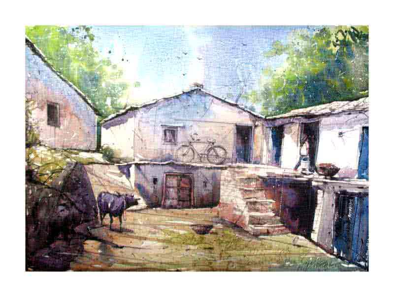 Landscape watercolor painting titled 'Aangan', 22x15 inches, by artist Amit Kapoor on Handmade Paper