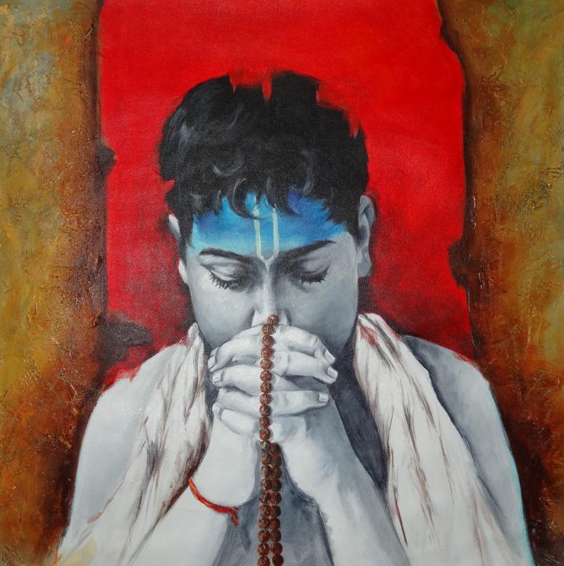 Figurative acrylic painting titled 'Aastha II', 28x28 inches, by artist Kamal Devnath on Canvas