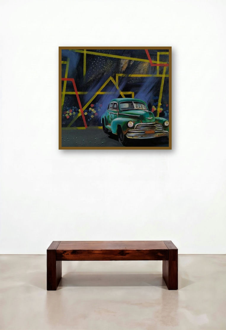 Abonded 2 (A Vintage Voyage) by artist Gopal Roy displayed in a Mid-Century Modern Penthouse