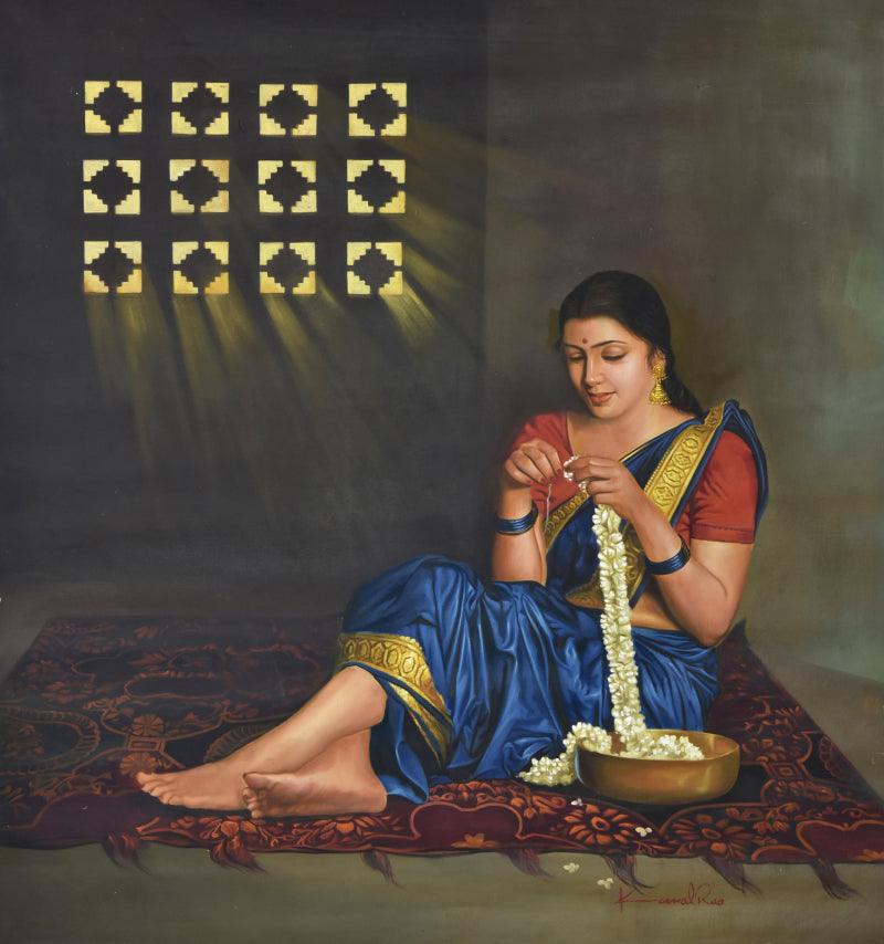 Religious oil painting titled 'Absorption', 44x47 inches, by artist Kamal Rao on Canvas