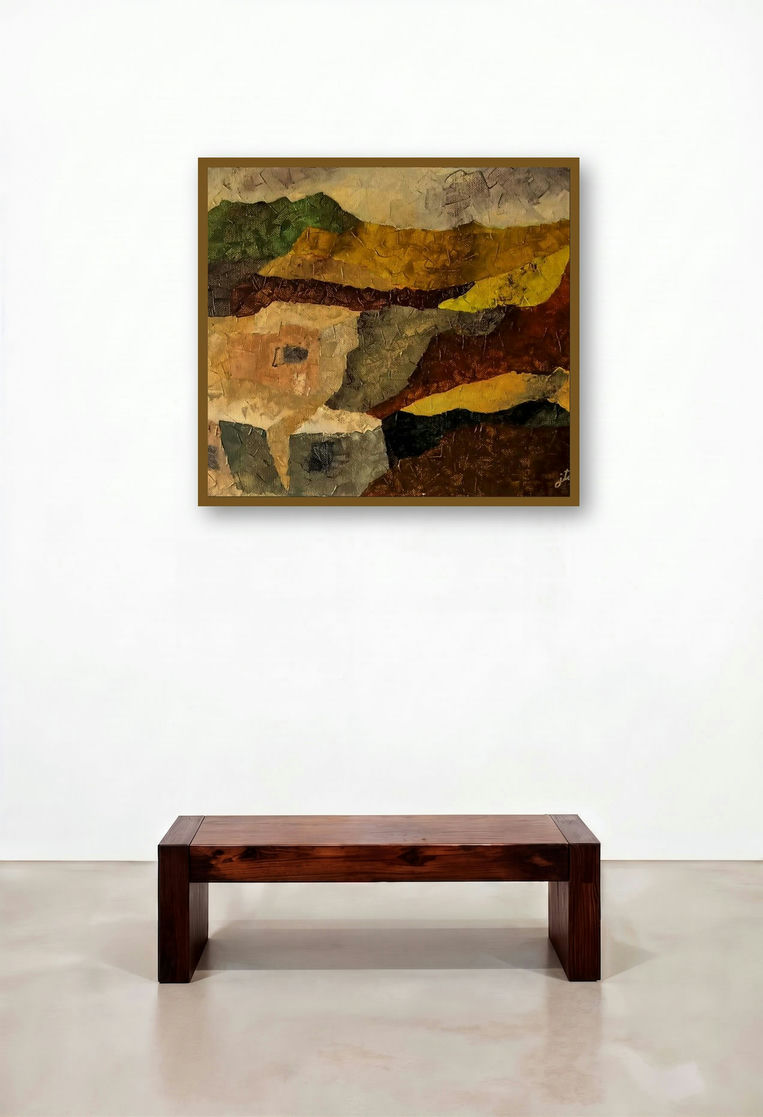 Abstract Landscape 3 (Mountain Hamlet) by artist Jaikishan Tada displayed in a Mid-Century Modern Lounge