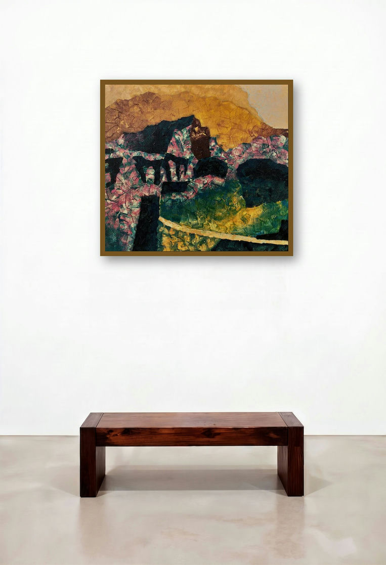 Abstract Landscape 6 (Mountain Sojourn) by artist Jaikishan Tada displayed in a Mid-Century Modern Reception Area