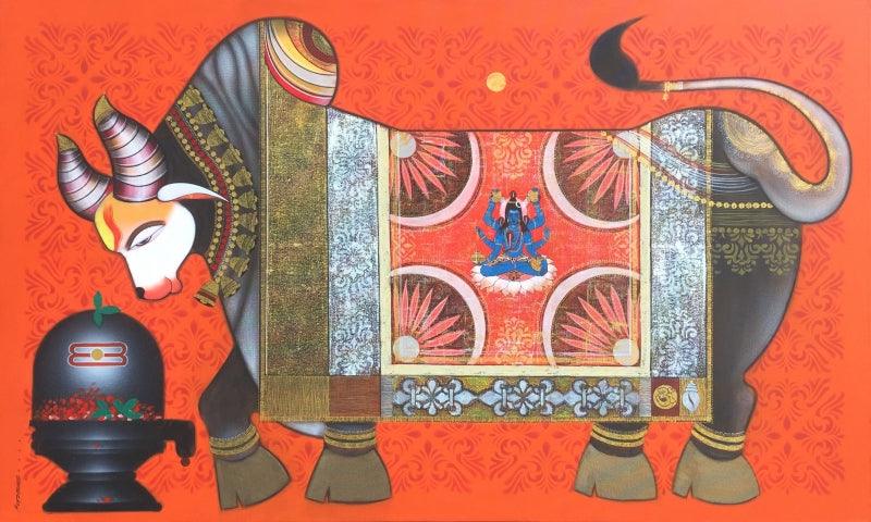 Religious acrylic painting titled 'Adhikaranandin', 36x60 inches, by artist Ashok Rathod on Canvas