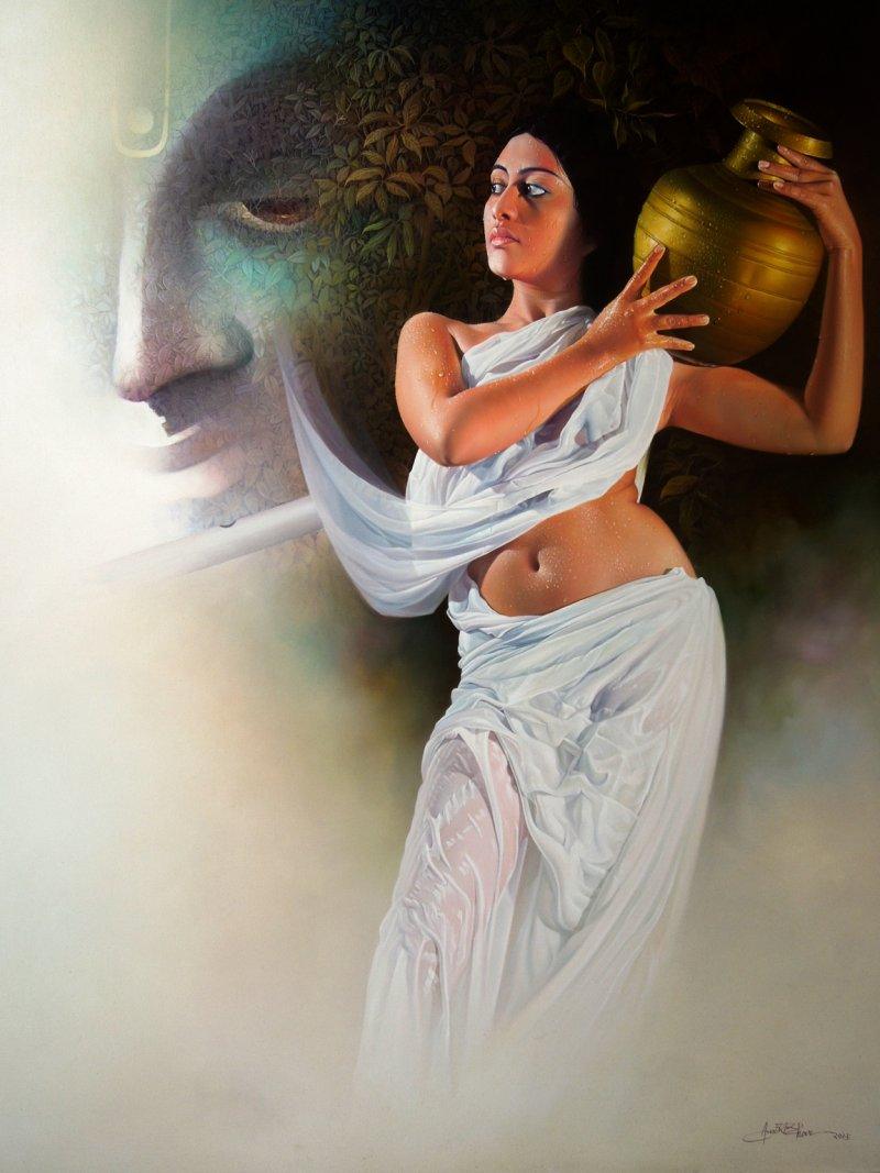 Nude acrylic oil painting titled 'Affection 2', 48x60 inches, by artist Amit Bhar on canvas