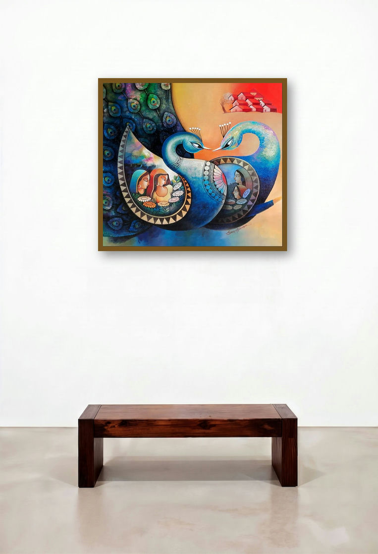 Affection 24 (The Peacock Courtship) by artist Sanjay Tandekar displayed in a Scandinavian Executive Office