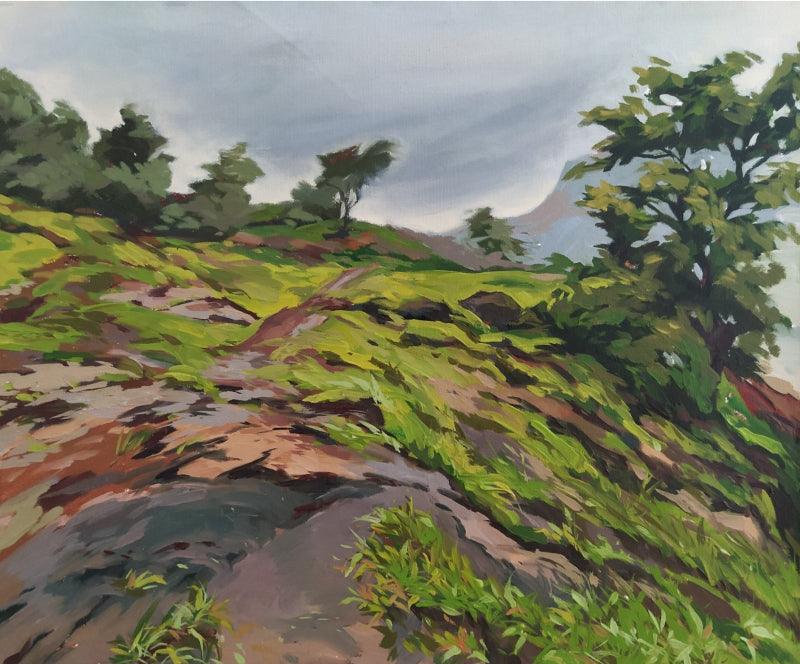 Nature oil painting titled 'After Rain', 19x24 inches, by artist Deepashri Sakat on Canvas