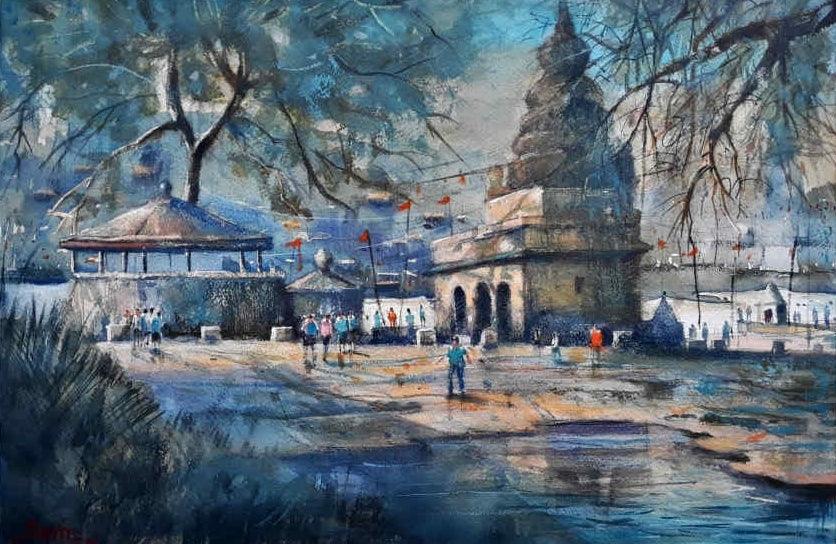 Religious watercolor painting titled 'After Rain', 15x22 inches, by artist Jitendra Divte on Paper