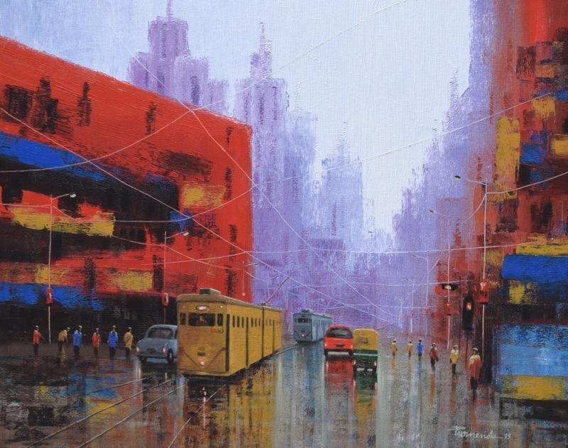 Cityscape acrylic painting titled 'After Rain In Kolkata 2', 24x30 inches, by artist Purnendu Mandal on Canvas