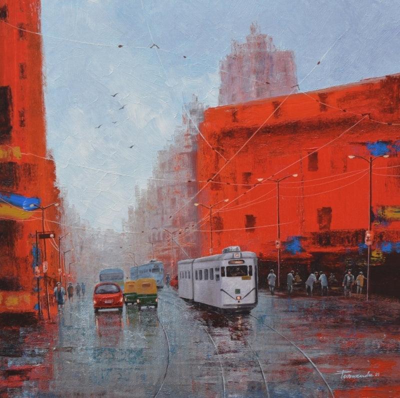 Cityscape acrylic painting titled 'After Rain In Kolkata', 30x30 inches, by artist Purnendu Mandal on Canvas