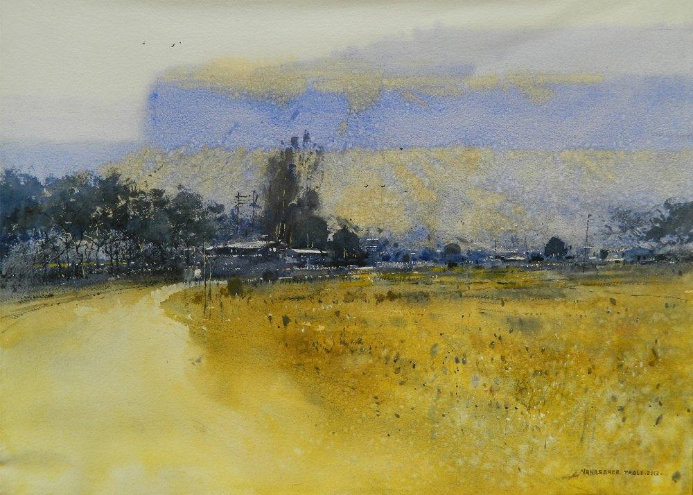 Landscape watercolor painting titled 'Afternoon', 24x30 inches, by artist NanaSaheb Yeole on Paper