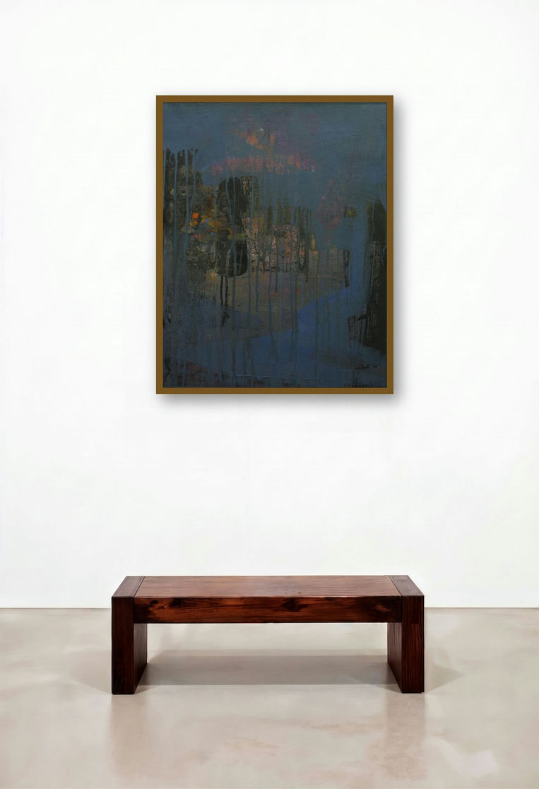Agyaat Blue Three by artist Ashwini Borse displayed in a Mid-Century Modern Foyer