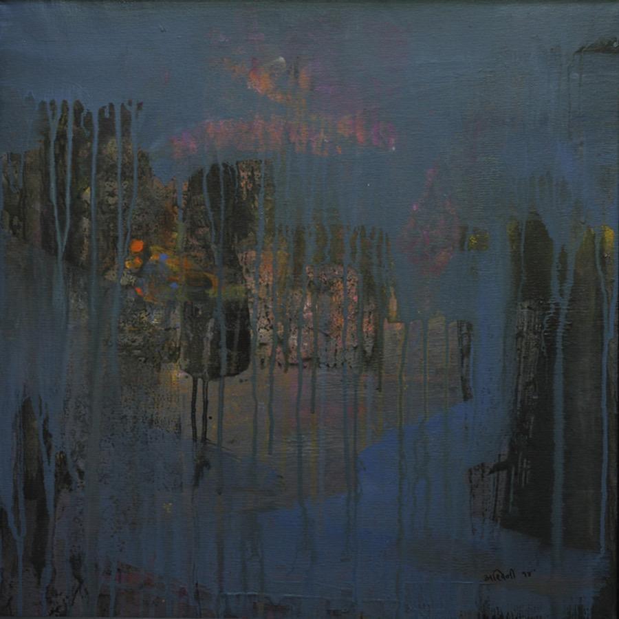 Abstract acrylic painting titled 'Agyaat Blue Three', 22x22 inches, by artist Ashwini Borse on Canvas