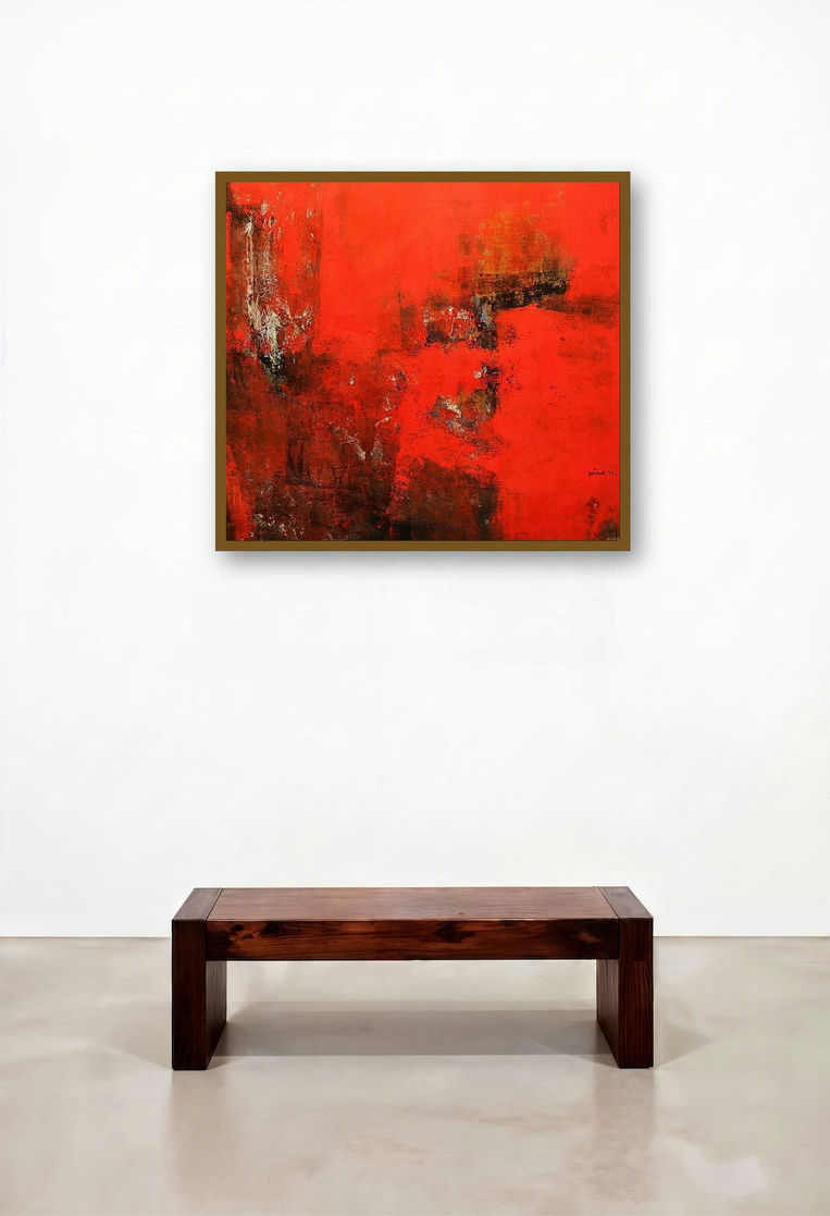 Agyaat Red Six (Crimson Abyss) by artist Ashwini Borse displayed in a Japandi Hallway
