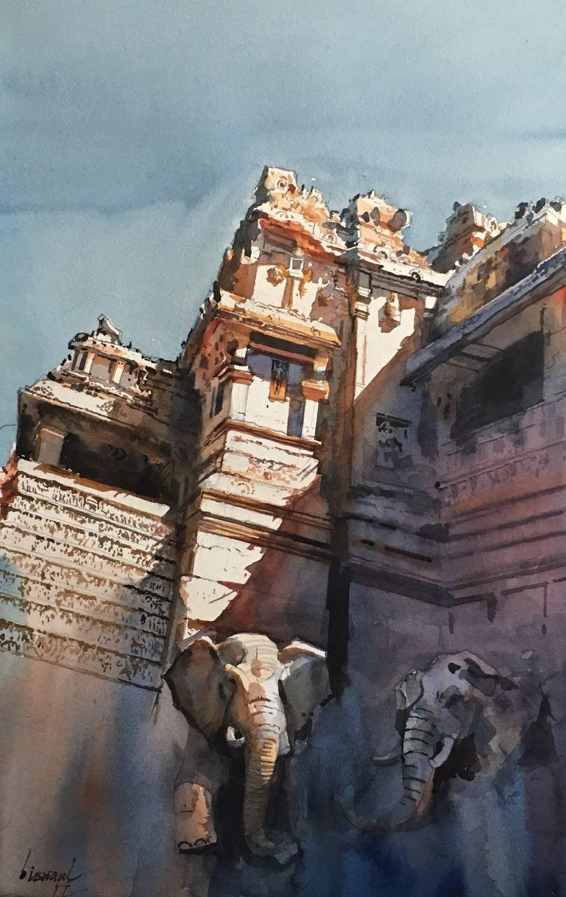 Cityscape watercolor painting titled 'Ajanta Ellora', 22x14 inches, by artist Bijay Biswaal on Paper
