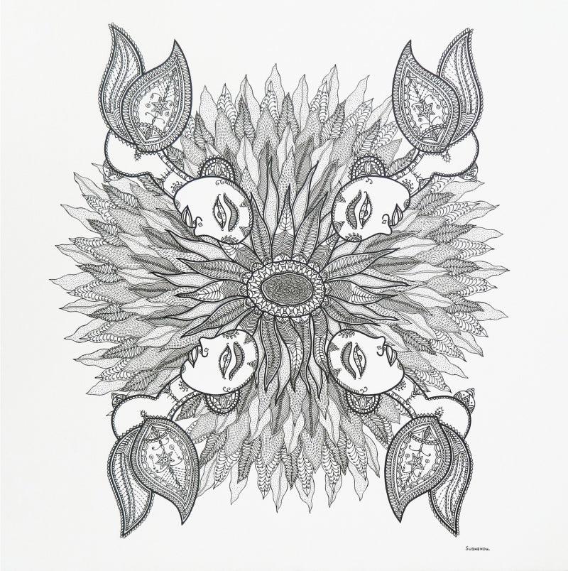 Figurative pen ink drawing titled 'Alluring', 30x30 inches, by artist Subhendu Ghosh on Canvas