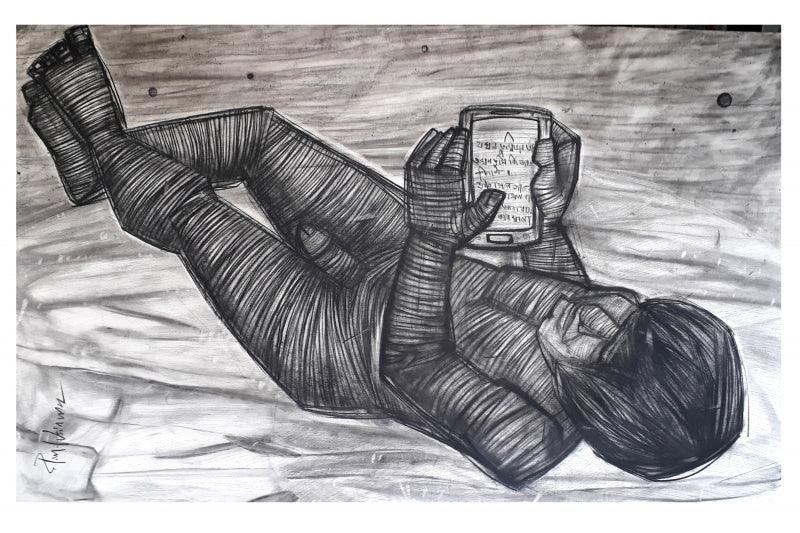Figurative charcoal drawing titled 'Alone', 24x36 inches, by artist Pintu Biswas on 300 Gsm Paper