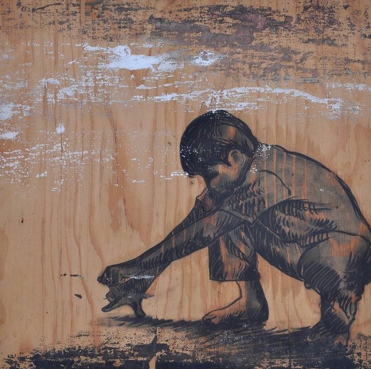 Figurative mixed media painting titled 'Alone', 14x14 inches, by artist Manish Solanki on Wooden Plywood